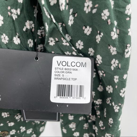 VOLCOM wrapsicle green floral crop top waist tie along sleeve Small (4/6) NWT - Picture 10 of 15